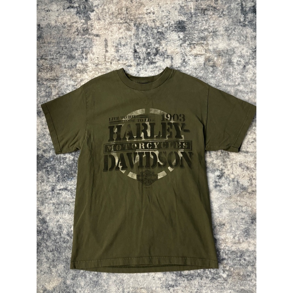 Harley Davidson Shirt Mens Military Overseas Tour Skull Green Base Name Spellout